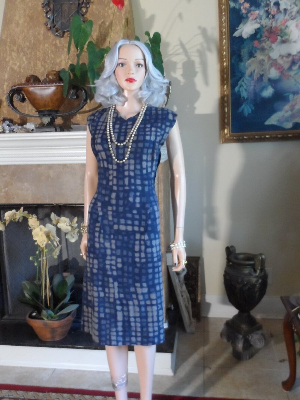 Bottega Veneta Blue Beige Wool Abstract Print Sheath Dress IT 42- US 6